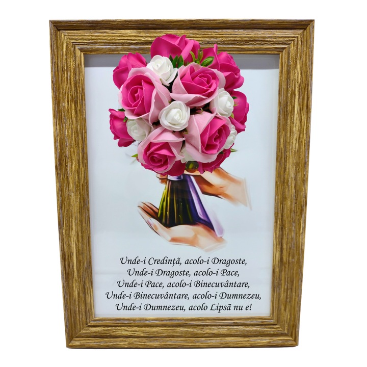 Tablou in rama A4 (30x21 cm) - Binecuvantarea Casei - v9 decorat cu flori de sapun roz-roz inchis