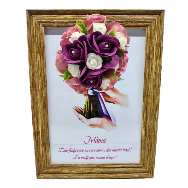 Tablou in rama A4 (30x21 cm) - Mama, Este fiinta care nu cere nimic, dar merita totul! La multi ani, mama draga! - v9 decorat cu flori de sapun visiniu - roz pal