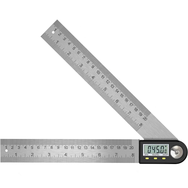 Raportor digital, Fabricat din otel inoxidabil, Afisaj LCD, 200mm, 0-360°, instrument de masurat profesional, Argintiu