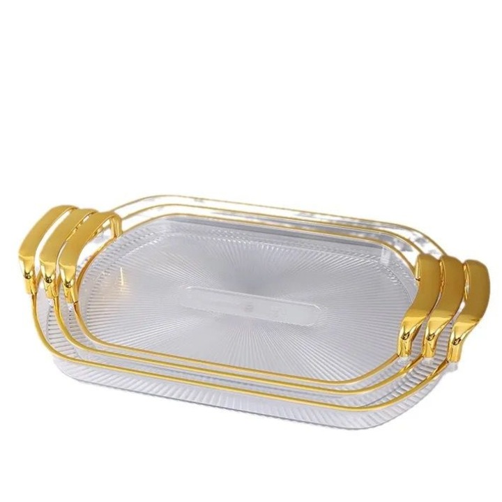 Set 3 tavi decorative ovale, ForHouse, pentru servire aperitive, prajituri, fructe, cu manere aurii