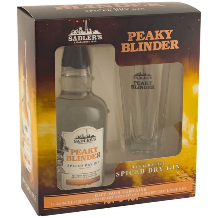 Pachet Gin Peaky Blinder, Spiced Dry + Pahar, 40%, 0.7l