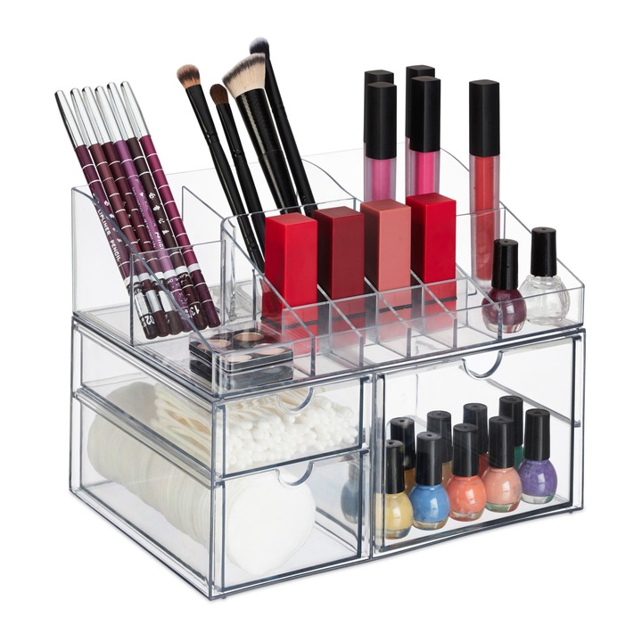 Organizator pentru produse cosmetice, 14 compartimente, 3 sertare, acrilic, transparent, 18 x 25 x 17 cm