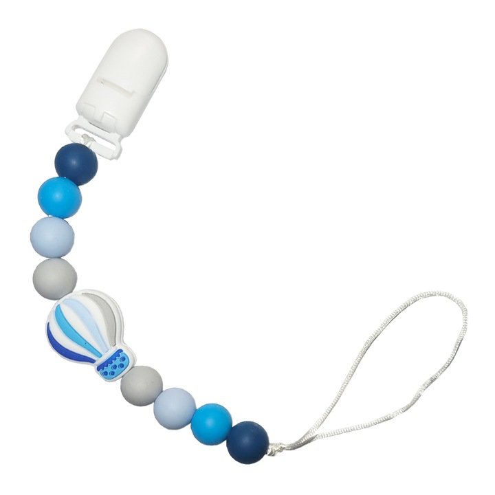Lant pentru suzeta bebelusi din silicon alimentar, balon, albastru, gri, alb