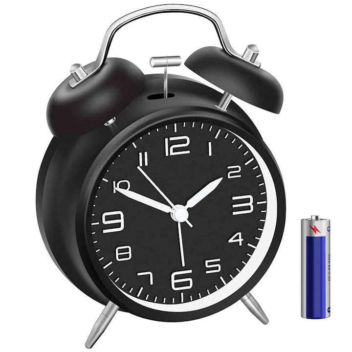 Ceas de masa desteptator cu lumina de noapte, Axroad Mall, Design clasic de clopot dublu, Silentios, Cadran stereoscopic 3D, Baterii AA incluse, Perfect pentru adulti, adolescenti, copii si seniori, Metal/sticla/ABS, 16.5×10.5×5.5 cm, Negru