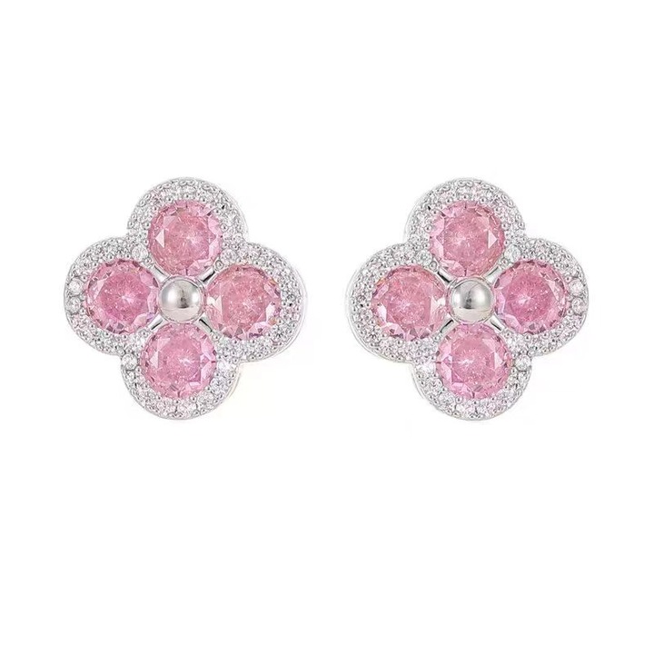 Cercei cu agrafa dama, Inox, Trifoi cu patru foi, Argintiu/Roz