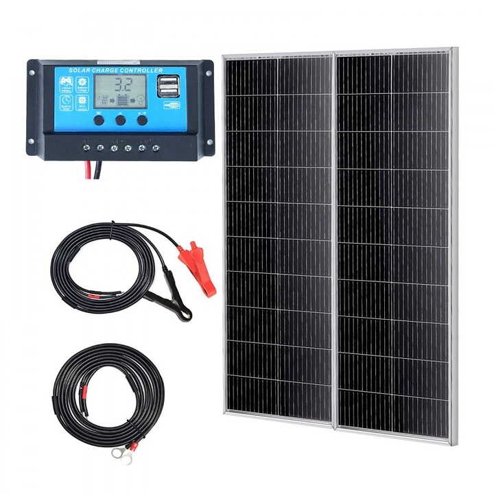 Panou Solar Monocristalin, 2 Buc., 200W, 12V, Cu Controler, 109.5 x 45 cm, Negru