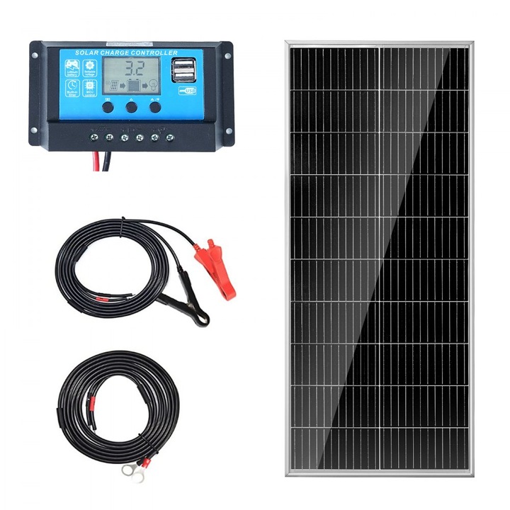 Panou Solar Monocristalin, 100W, 12V, Cu Controler, 109.5 x 45 cm, Negru