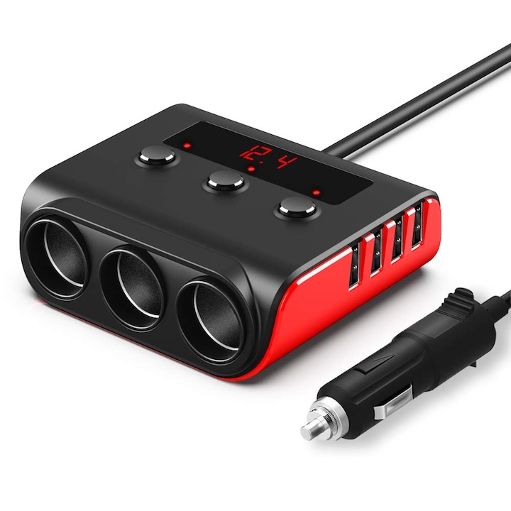 Adaptor Bluetooth 5.0 priza auto, Bricheta 100W, Bolongking®, 12/24V, Splitter, Iluminare LED, 3x soclu auto, 4 x USB, Afisaj display voltaj, cablu 58cm, ABS, Negru/Rosu