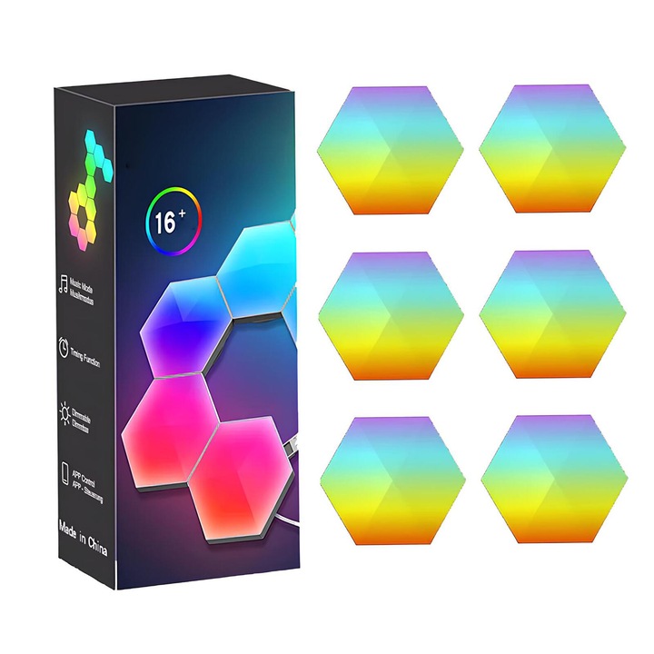 Lampa Modulara Inteligenta tip Hexagon cu Aprindere prin Atingere Led RGB, Wi-Fi, Bluetooth, sincronizare muzicala, YWX, compatibil IOS/Android, Multicolor