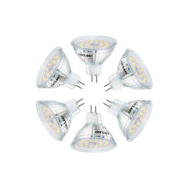 Комплект от 6 LED крушки GU5.3, 6 W DiCUNO, Студено бяло 6000K, 12 V, Вградени с Bi-Pin фасунга, 120° ъгъл на осветяване