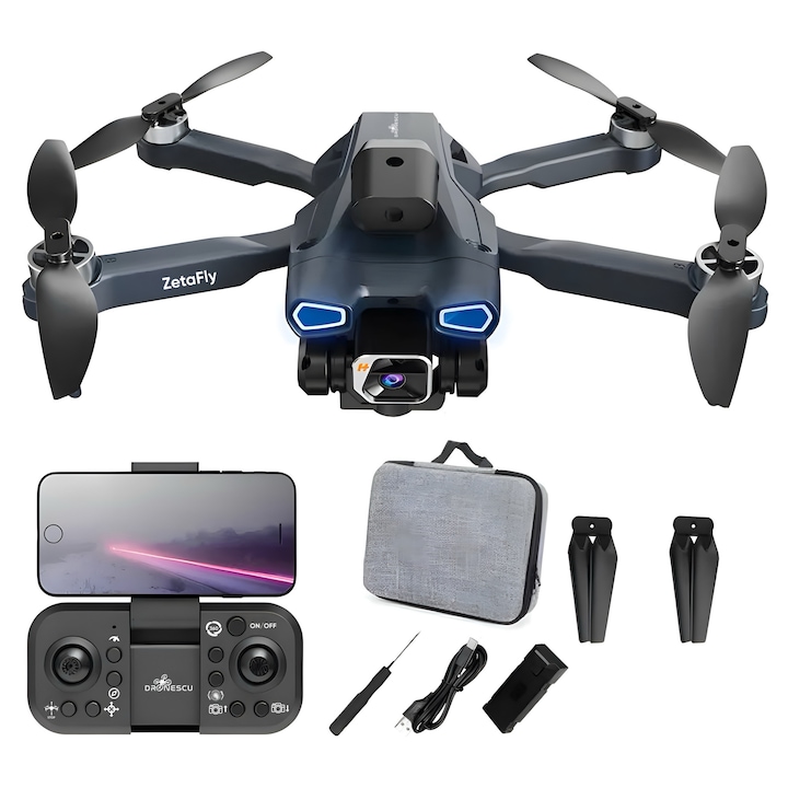 Drona pentru incepatori, Dronescu, 2 Camere HD, HeadLess Mode, Cu lumini LED, 3D Flip, One Key Take off/ Landing, albastru