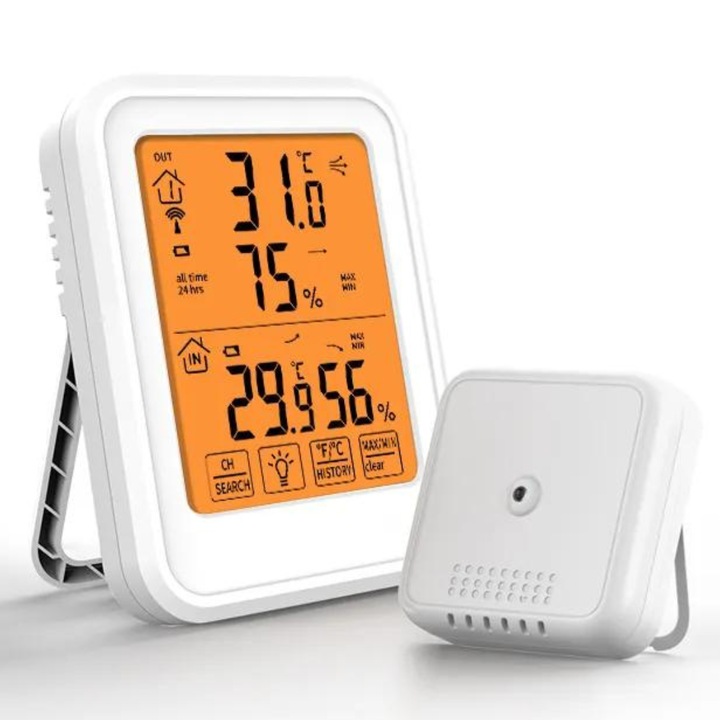 Statie Meteo fara Fir cu Senzor Exterior, Avitalx, Termometru si Higrometru, Masurare Temperatura si Umiditate, Display Touch Screen, LCD, Magnet, Alb