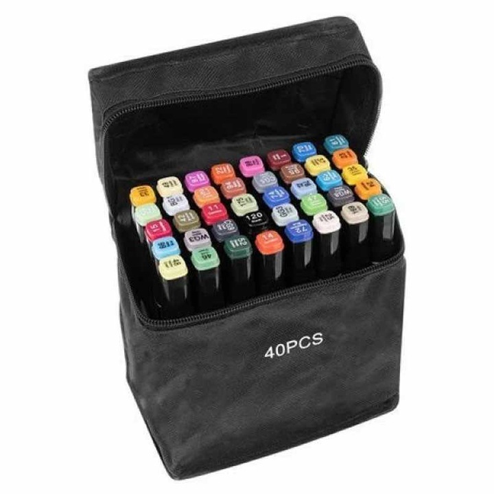 Set 40 markere profesionale eBA®, 2 capete subtire si gros, cu suport si geanta de depozitare, culori intense, si varfuri rezistente