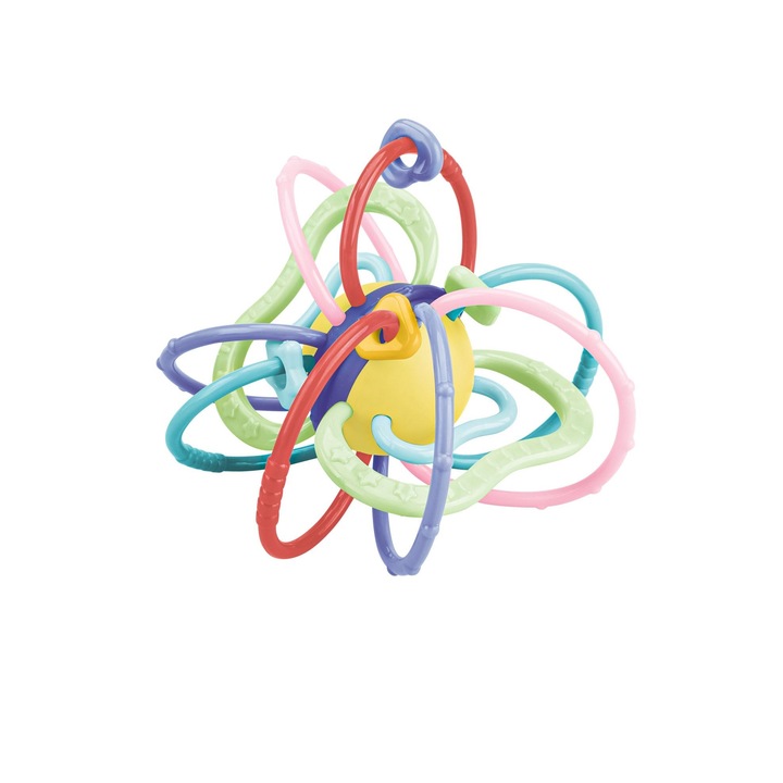 Gyermek csörgő, színes gyűrűkkel és geometrikus mintákkal