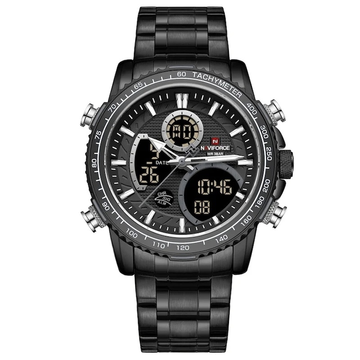 Мъжки часовник NaviForce Chrome, Хронограф, Двойно Време, Неръждаема стомана, Черен / Черен