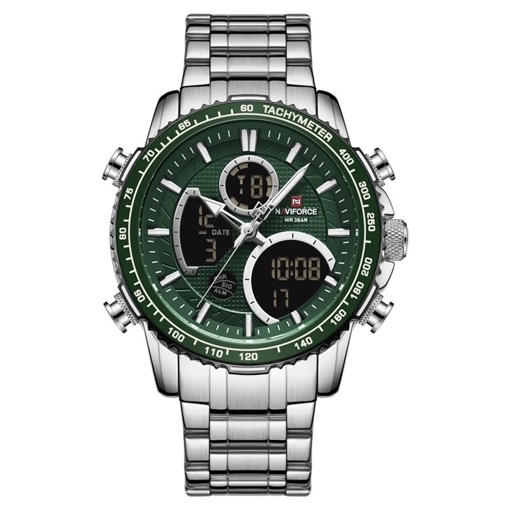 Мъжки часовник NaviForce Chrome, Хронограф, Двойно Време, Неръждаема стомана, Сребрист / Зелен