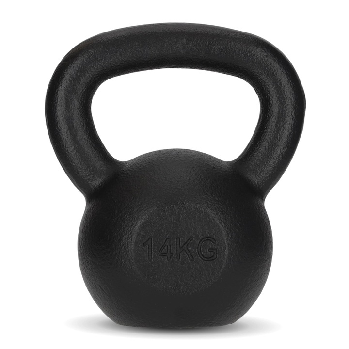 Kettlebell, 4FIZJO, realizat din fonta durabila, ideal pentru dezvoltarea fortei si tonifierea musculara, Cresterea conditiei fizice generale, potrivit atat pentru incepatori, cat si pentru avansati, forma sferic, ergonomic, 14 kg, Negru