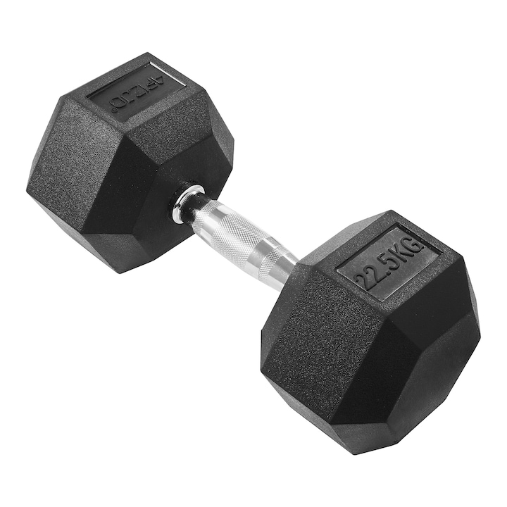 Haltera din fonta gantera cauciucata HEX, pentru antrenament la sala de sport, poate fi folosit ca o paraleta, 4FIZJO, 22,5 kg, Negru