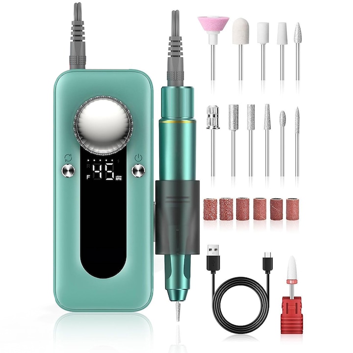 Професионална пила за нокти, маникюр-педикюр, акумулаторна, 35 000 RPM, 12 глави на пила, 30 шлифовъчни ленти, 4000 mAH ергономичен дизайн, зелена