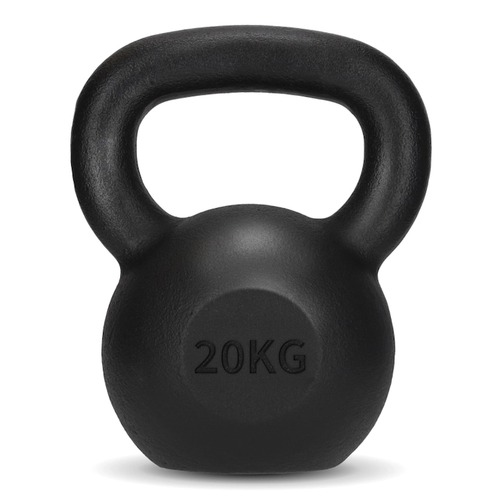 Kettlebell din fonta, 4FIZJO, Dezvolta coordonarea motorie, pentru incepatori si avansati, umplere cu bitum, sculptura si intarire musculara, maner confortabil, forma sferica, 20 kg, Negru
