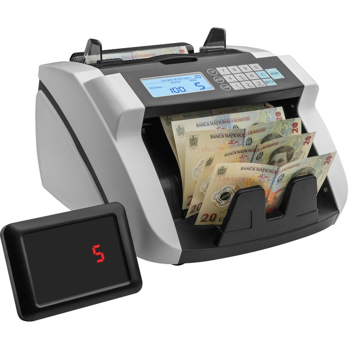 Masina de numarat bani, Zoopie®, Detectare bancnote prin IR, UV, MG & DD, Aparat cu display propriu si extern, 1000 bancnote/min, Model 2024, Husa inclusa, Seria 3000, alb