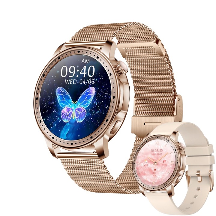Дамски смарт часовник PulsePro Style, 1,32" Ultra AMOLED дисплей, сензорен екран, Android/IOS, Bluetooth разговори, фитнес тракер, мониторинг на сърдечната честота, мониторинг на съня, известия, метална + силиконова каишка, златисто издание