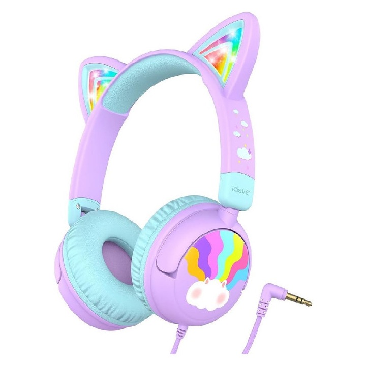 Casti Audio Cat Ear Meow Lolipop cu Fir, Pliabile, Pentru Copii, Volum limitat 85dB, Urechi cu lumini LED Light Up, Sunet Stereo, On Ear, Jack 3.5 mm, iPad, Computer, Scoala, Calatorii, Pentru fete si baieti, iClever Kids Headphones, Purple&Green