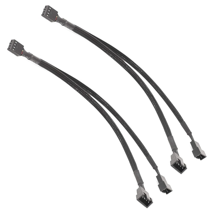 Set 2 cablu convertizor ventilator, Axroad Mall, Splitter 1 Intrare - 2 Iesiri, Compatibil cu 3 & 4 Pin, Functia PWM, Usor de utilizat, Pentru calculatoare, procesoare, routere, PVC/Metal, 26.5cm, Negru