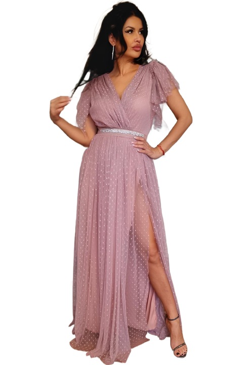 Комплект миди рокля "Anne" майка-дъщеря, пола от тюл и бродирана дантела, Розово