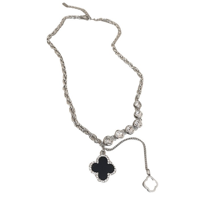 Colier trifoi cu patru foi, Billow, Otel titan, Argintiu/Negru