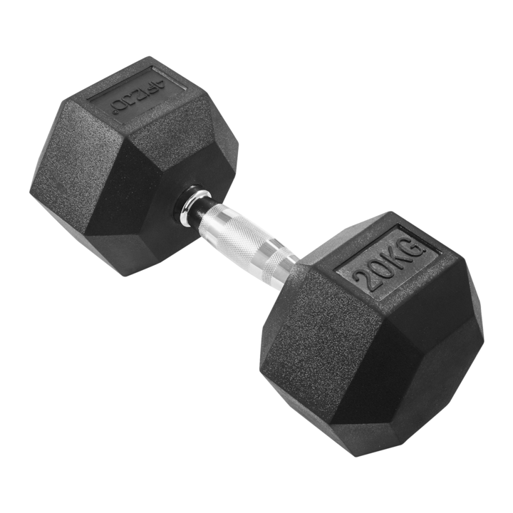 Gantera din otel, strat exterior din cauciuc, Forma hexagonala, poate fi folosit ca o paraleta, 4FIZJO, 20 kg, Negru