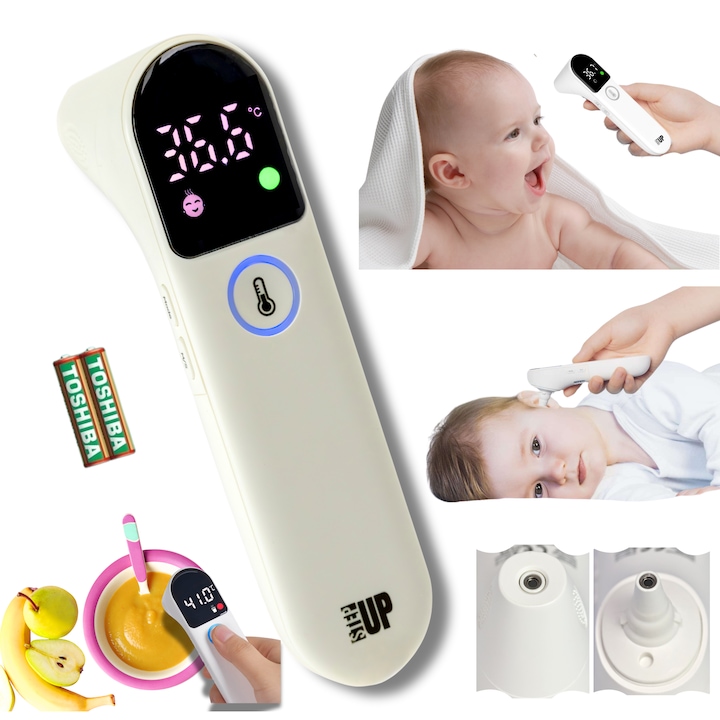 Termometru Digital StepUp™, cu Infrarosu, Non-contact, Masurare Temperatura Frunte, Ureche si Obiecte, Display LED, Stocare Memorie + Alarma Sonora, Husa Protectie inclusa, 2 Baterii AAA incluse, pentru Copii si Adulti
