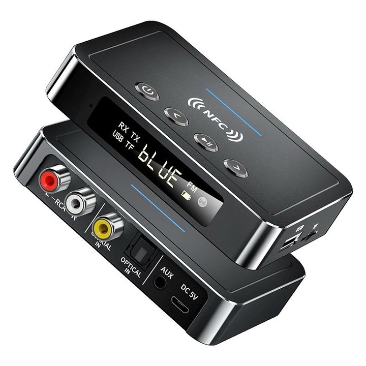 Receptor / transmitator M6 Bluetooth 5.0 AUX IN 3.5 mm, RCA, convertor audio optic, NFC, USB, SD CARD, Telecomanda, baterie 500mAh Negru