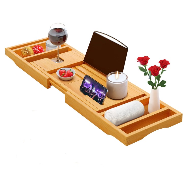 Tava extensibila pentru cada, OVERTANG, Bambus, Antiderapanta, Pliabila, 74.5x109cm, Maro
