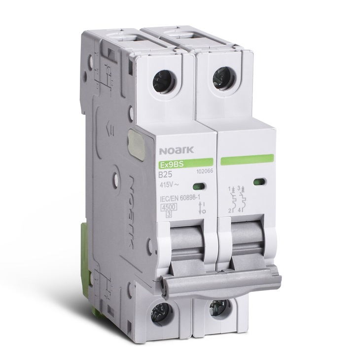Siguranta electrica automata modulara Noark 102066, 2P, 2 module, 4.5 kA, caracteristica B, 25 A