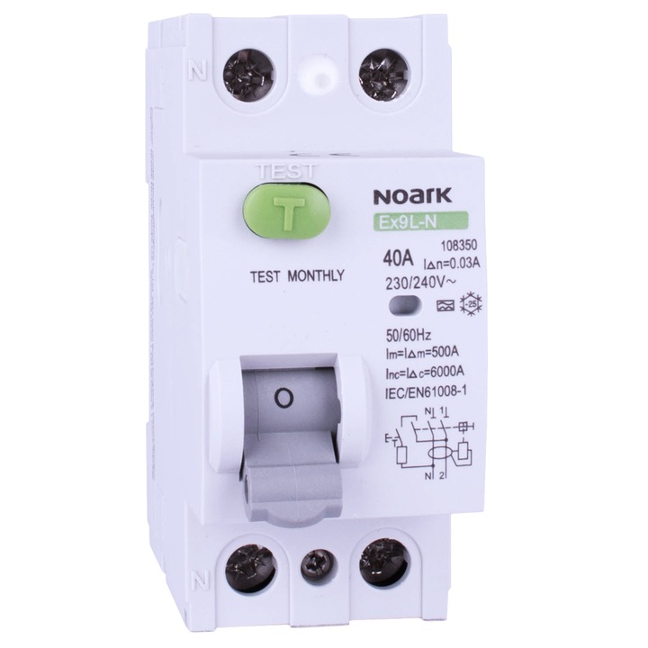 Автоматичен ел. предпазител Noark 108350, Диференциална защита, 2P, 30mA, 6kA, 30mA, Тип A, 40A