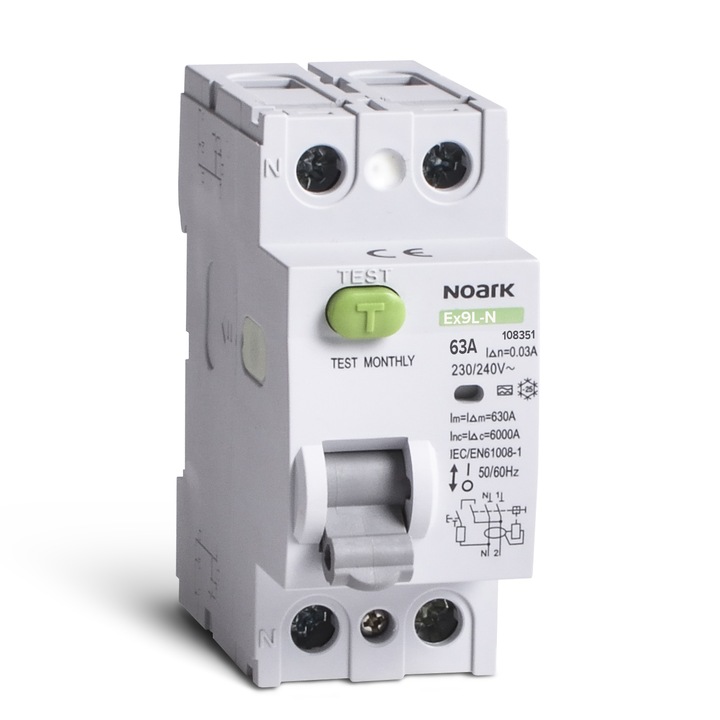 Siguranta electrica automata diferentiala Noark 108351, 2P, 2 module, 30mA, 6kA, 30mA, tip A, 63A