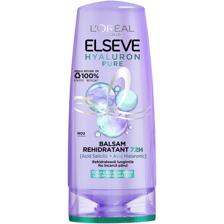 Balsam rehidratant L'Oreal Paris Elseve Hyaluron Pure pentru scalp si radacini grase si lungimi deshidratate, 200 ml