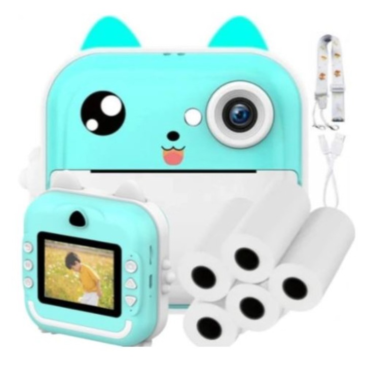 Aparat foto instantaneu pentru copii, 48 MP, 8 role incluse, 2.4 inch, 1200 mAh, Verde/Alb