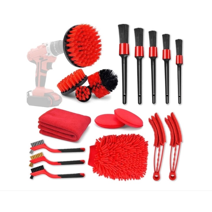 Set curatare auto, 18 piese, perii pentru bormasina, microfibra, bureti, manusa de spalat, multicolor
