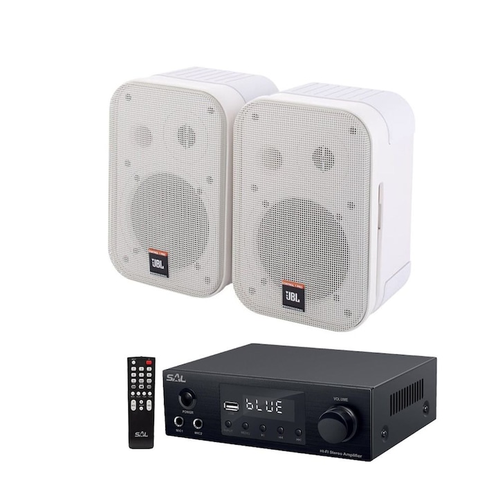Sistem audio cu 2 boxe JBL Control 1 Pro alb si amplificator cu Bluetooth, USB, FM