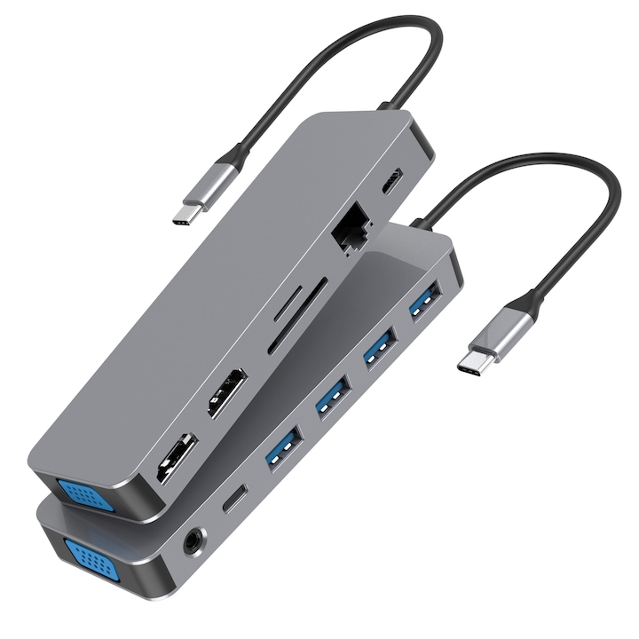Adapter Hub Multiport 13 az 1-ben, USB-C – 2*HDMI 4K/30Hz, 1*VGA 1080p/30Hz, PD 100W töltés, SD/TF kártyaolvasó, 1* USB-C adat, 3*USB 3.0 adat, 1* USB 2.0, RJ45 Gigabit Lan, 3.5 audio port, dokkoló állomás laptopokhoz HP, Lenovo, Macbook, Dell, LUVLU™