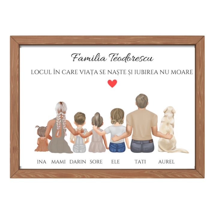 Tablou decorativ tip portret, pentru familie, mama, prieteni, bunici sau nasi, cu nume si mesaj text la alegere, hartie fotografica, A4