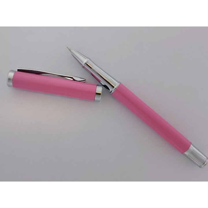 Stilou Ecada metalic roz lucios, penita ascunsa, cu convertor sau patron de cerneala standard/lung