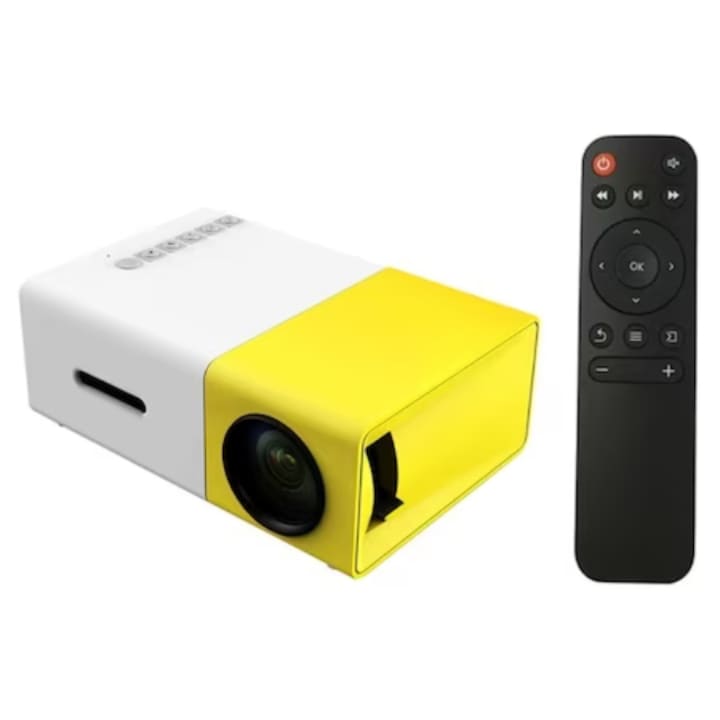 Ултра преносим видео проектор за филми, Full HD, 1000 лумена, Вградени високоговорители, Автономия на батерията 90 мин., Ръчен фокус, Дистанционно управление, USB/SD/AUX, Връзка към лаптоп, телевизор, телефон, камера