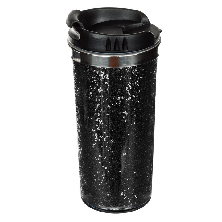 Pahar cu interior metalic si exterior din plastic pentru cafea Shopiens®, reutilizabil, de culoare neagra cu imprimare neagra cu glitter si capac cu gura de scurgere, 450 ml