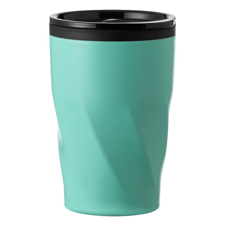 Pahar termos cu carcasa metalica si interior din plastic Shopiens®, reutilizabil, de culoare verde menta, cu capac negru, 350 ml