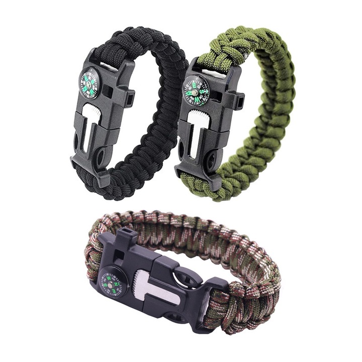 Set de bratari de supravietuire in aer liber din 3 piese, VKK®, kit multifunctional cu cremene, busola, fluier si clema de parasuta, potrivit pentru drumetii, camping, plimbari cu barca, urgente sau alte activitati in aer liber, explorarea junglei