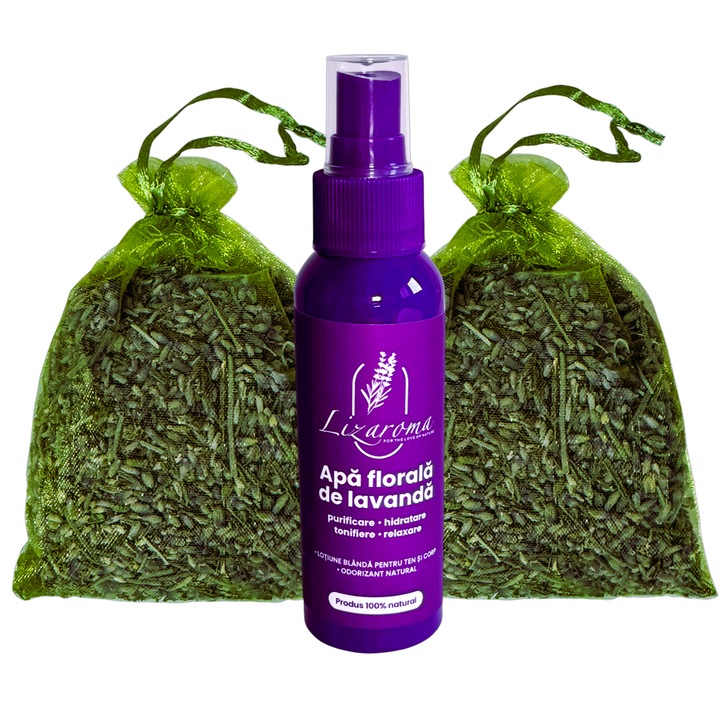 Apa florala de lavanda 100ml+cadou 2 saculeti cu floare uscata de lavanda