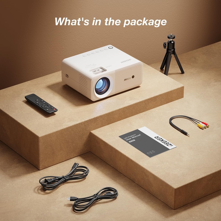 Mini videoprojektor Bluetooth 5.2, Full HD 1080P, 12000 lumen, 250 hüvelykes képernyő, zoom funkció, állítható állvány, HDMI csatlakozók, USB 2.0, AV, Jack 3,5 mm, házimozi kompatibilis iOS okostelefonnal és Android